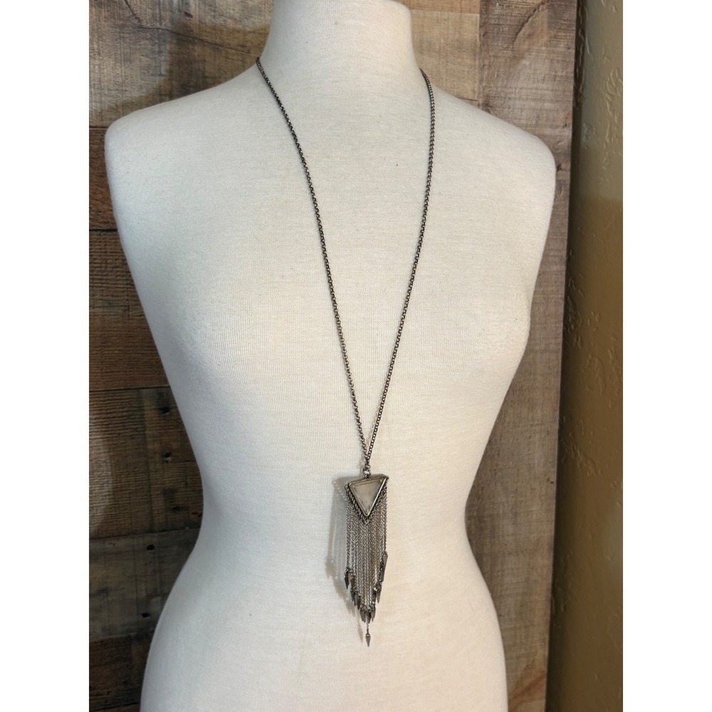 Gunmetal Triangle Pendant Long Fringe Spike Chain Necklace Boho Edgy
